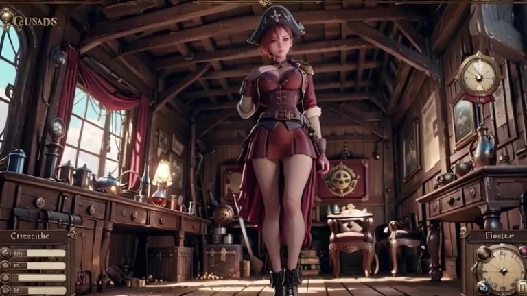 Redhead Pirate Captain! Playing with Her Cutlass in a Vintage Ship Cabin.